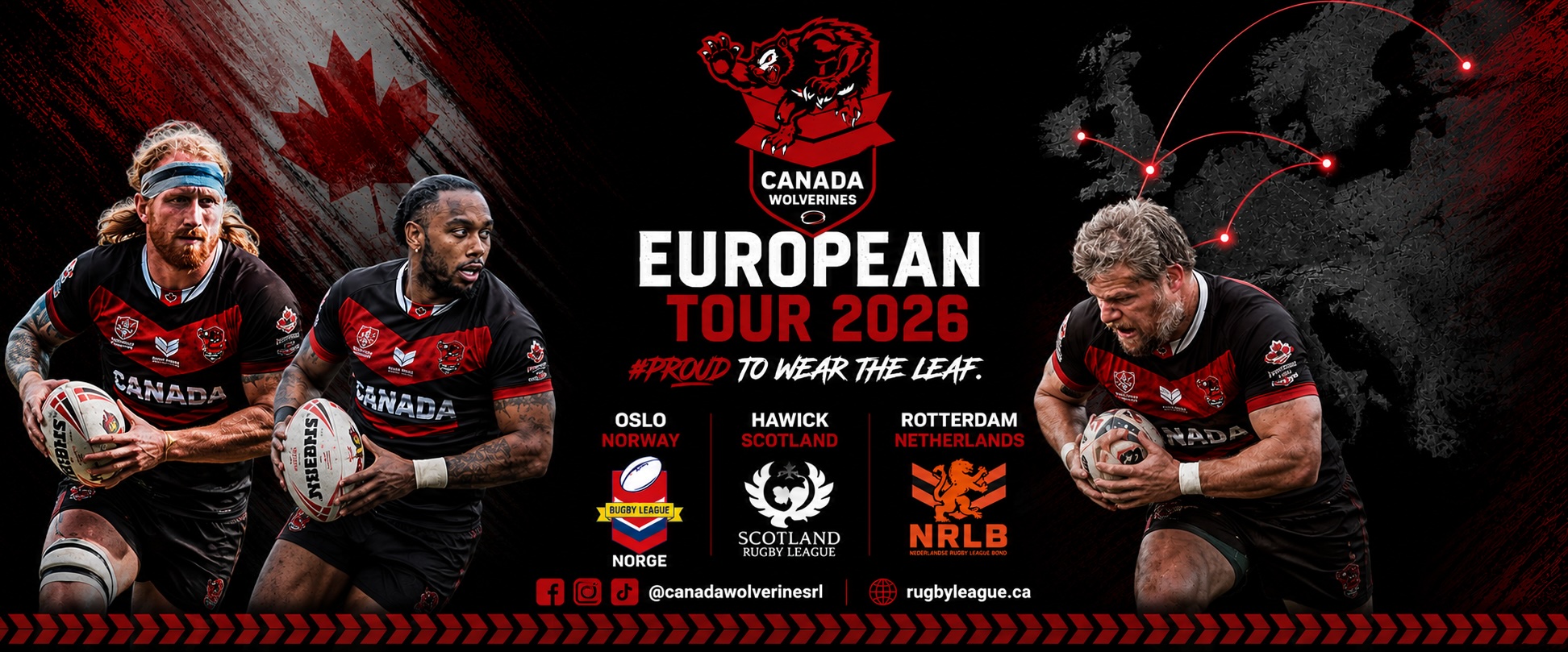 Canada Wolverines — European Tour 2026. Oslo, Norway · Hawick, Scotland · Rotterdam, Netherlands. #ProudToWeartheLeaf.